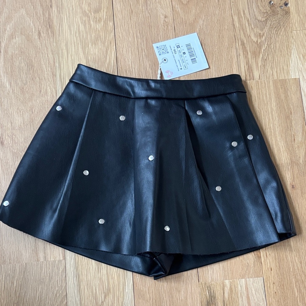 Zara Girls Black Faux Leather Skort with Silver Studs NWT
